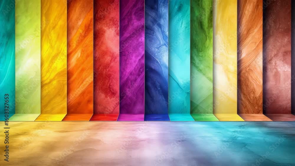 Poster Colorful abstract background featuring vibrant vertical panels in bright rainbow hues creating dynamic and smooth textured atmosphere with reflections