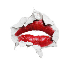 Fototapeta premium Red lips emerging from a cracked white surface