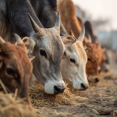 Indian Cattle Herd Eating Hay In Line high resolution image