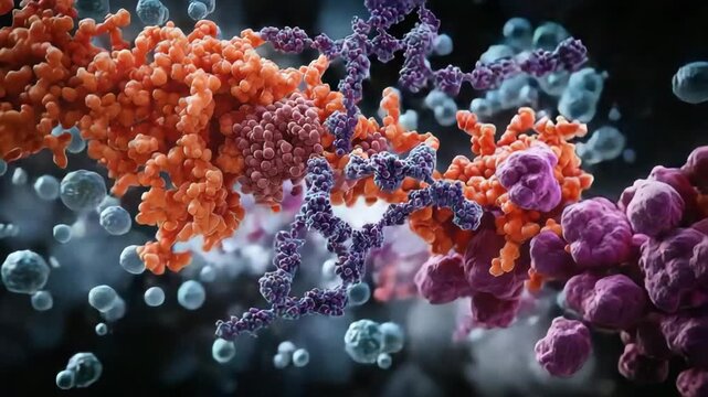 3D molecular structure protein DNA RNA cell biology science microscopic view showing complex biological interaction with colorful protein shapes