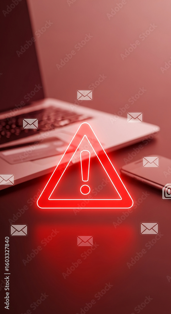 Fototapete red neon warning triangle with exclamation mark, laptop and phone blurred in background, symbolizing
