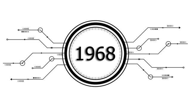 1968 Futuristic Tech Design Abstract Digital Clock Concept Black and White Minimalist Circuit