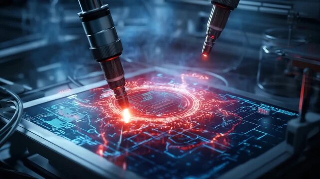Laser engraving circuit board technology electronics manufacturing digital glowing close up futuristic microchip repair innovation industry high tech - Powered by Adobe