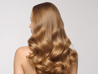 Fototapeta premium Indulge in beauty of long, luscious golden-blonde hair styled in soft, flowing waves. Captivating image showcase incredible shine, volume, healthy texture, perfect for beauty, hair care, fashion theme