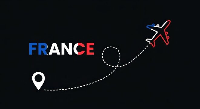 France travel concept with airplane icon and dotted line route on a black background design element