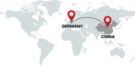 Global Location Map with Germany and China, Dotted Line Travel Path Icon for International Business, Global Trade, and Worldwide Travel Routes