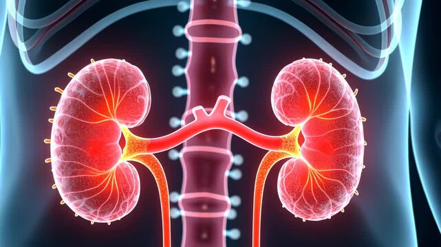kidney stone, renal health, urinary blockage. Organ discomfort. Ureters contract from stone obstruction. Nephron impairment reduces urine flow. Kidney function critical for body balance.