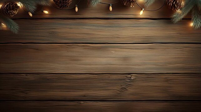 Loopable festive wooden background with pine branches, pinecones, and warm Christmas lights on rustic dark wood planks, perfect for holiday video overlays