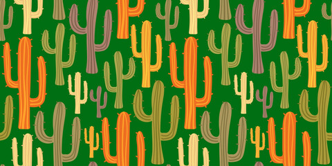 southwest aesthetic cactus print seamless repeating vector warm colors boho western decor hand-drawn saguaro on green background