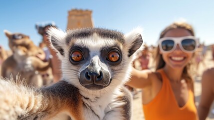 Obraz premium Ring-tailed lemur with large orange eyes surrounded by tourists wearing sunglasses in desert landscape. Wildlife safari adventure with exotic animals creating memorable travel experience concept