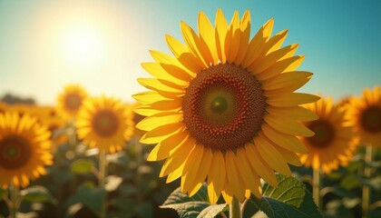 Obraz premium Sunlit field of vibrant yellow sunflowers.