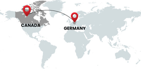 Global Location Map with Canada and Germany, Dotted Line Travel Path Icon for International Business, Global Trade, and Worldwide Travel Routes