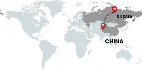 Global Location Map with Russia and China, Dotted Line Travel Path Icon for International Business, Global Trade, and Worldwide Travel Routes