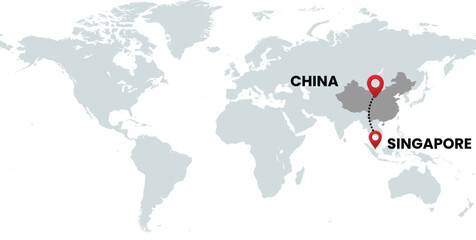 Global Location Map with China and Singapore, Dotted Line Travel Path Icon for International Business, Global Trade, and Worldwide Travel Routes