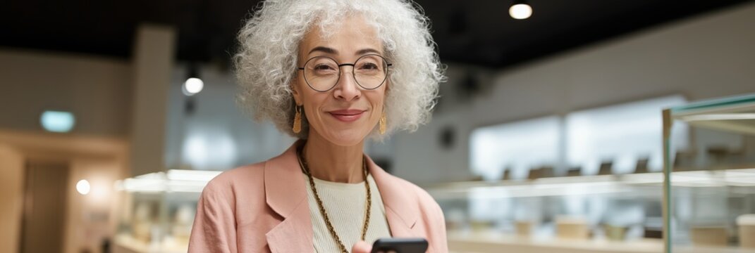 Mature caucasian female enjoying technology at modern cafe