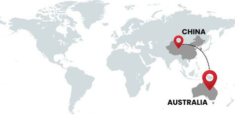 Global Location Map with China and Australia, Dotted Line Travel Path Icon for International Business, Global Trade, and Worldwide Travel Routes