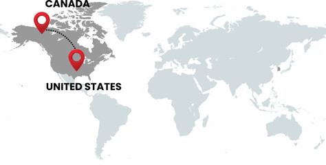 Global Location Map with United States and Canada, Dotted Line Travel Path Icon for International Business, Global Trade, and Worldwide Travel Routes