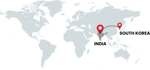 Global Location Map with India and South Korea, Dotted Line Travel Path Icon for International Business, Global Trade, and Worldwide Travel Routes