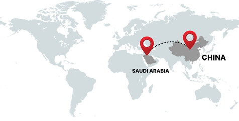Global Location Map with Saudi Arabia and China, Dotted Line Travel Path Icon for International Business, Global Trade, and Worldwide Travel Routes