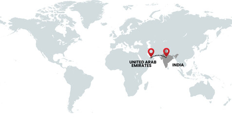 Global Location Map with United Arab Emirates and India, Dotted Line Travel Path Icon for International Business, Global Trade, and Worldwide Travel Routes
