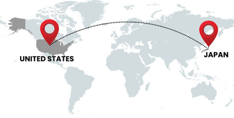 Global Location Map with United States and Japan, Dotted Line Travel Path Icon for International Business, Global Trade, and Worldwide Travel Routes