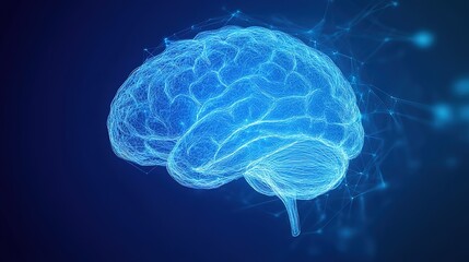 A digital blue wireframe representation of a human brain with neural network connections on a dark blue background.