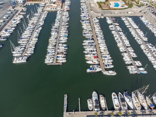 Aerial view on yachts and boats harbour between Collioure and Argeles-sur-mer, Cote Vermeille, Pyrenees-Orientales, Occitania, France, summer vacation destination