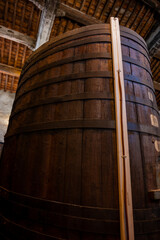 Old oak barrels for aging of natural sweet red grand cru wine Banyuls fortified dessert wine from old vines from slopes of the Catalan Pyrenees in Roussillon, France.