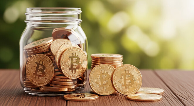 Glass jar filled with golden Bitcoin stacks, more coins scattered on wooden table against blurred green background, symbolizing cryptocurrency savings and investment