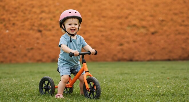 Happy toddler boy in pink helmet riding orange balance bike on grass near brick wall. Smiling child enjoying outdoor cycling activity in backyard. Early childhood motor skills development concept