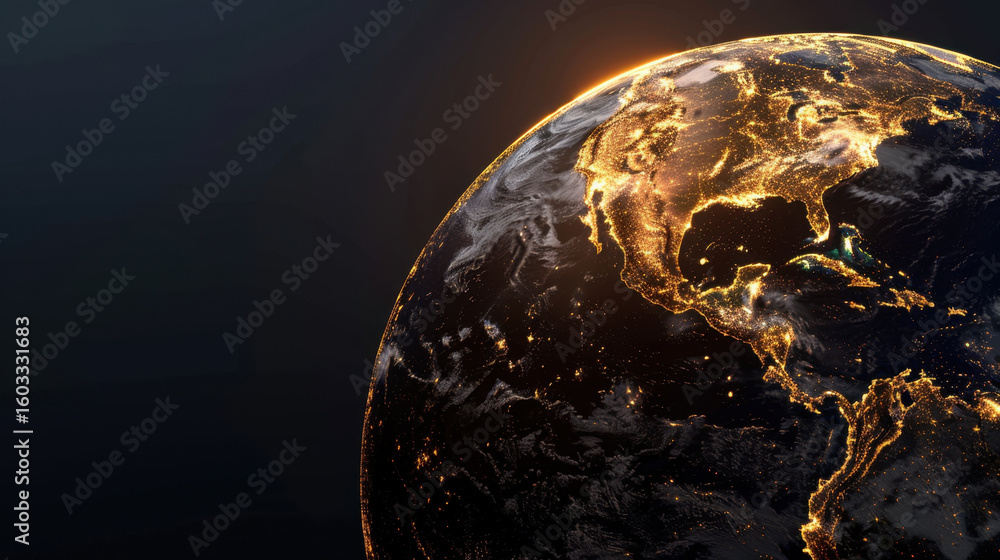 Poster stunning view of earth illuminated by city lights at night, showcasing continents and oceans in capt