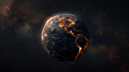Naklejka premium Earth glowing with light particles in space, showcasing continents and swirling clouds, evokes sense of wonder and beauty in universe