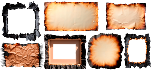 Burnt paper sheets and frames set isolated PNG
