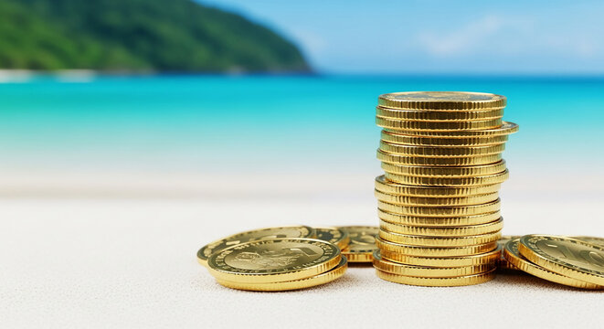 Stack of gold coins on beach sand, tropical ocean background, symbolizing wealth, travel, or financial freedom - Powered by Adobe