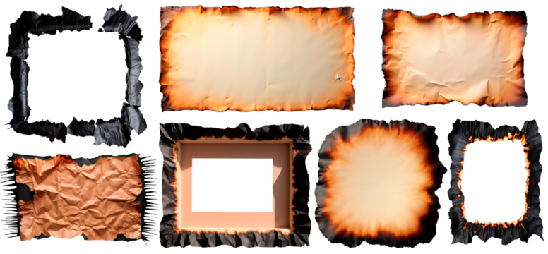 Burnt paper sheets and frames set isolated PNG