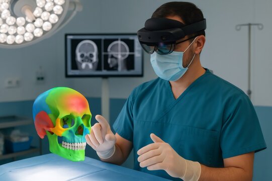 Surgeon wearing augmented reality headset and interacting with a colorful 3d model of a human skull, planning a surgery in operating room