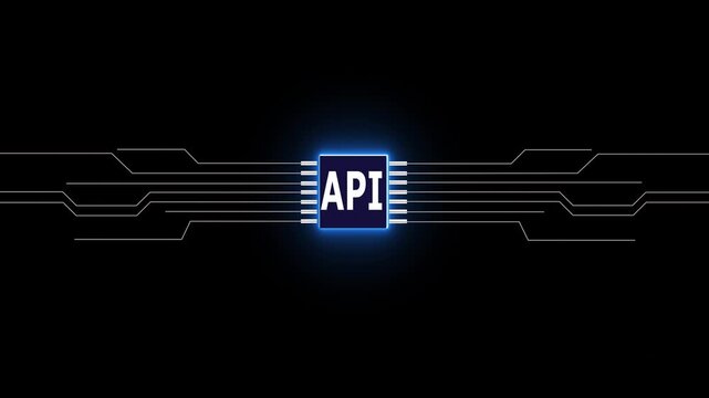 Motion graphic of digital API logo with futuristic technology . Chat with API or artificial intelligence technology circuit board, microchip, Futuristic Screen on 4k API Circuit Integration and Data - Powered by Adobe