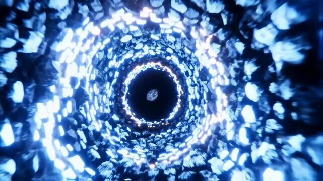 Abstract Blue LED Light Tunnel with Circular Pattern and Glowing Orbs.
