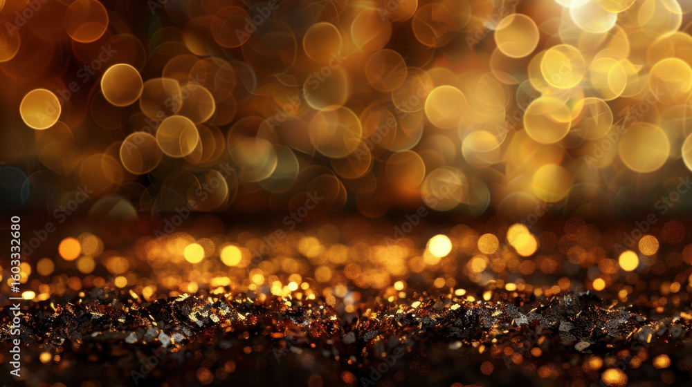 Poster luminous golden background with sparkling bokeh lights creating festive atmosphere, perfect for cele