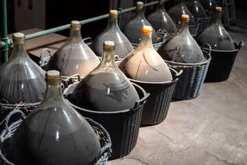Dame Jeanne or demijohn glass jars for aging of natural sweet red grand cru wine Banyuls fortified...