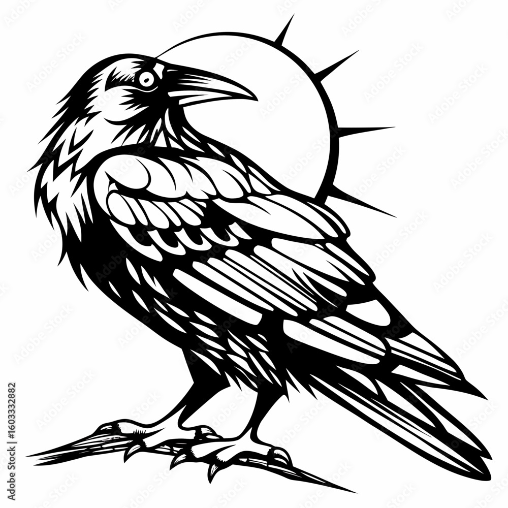 Poster a detailed black and white vector illustration of a raven perched in front of a spiked circle design