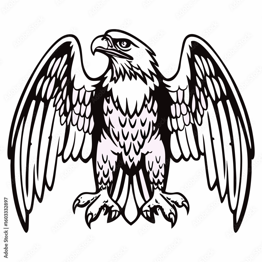 Poster illustration of a bald eagle with outstretched wings in a black and white color scheme design style 