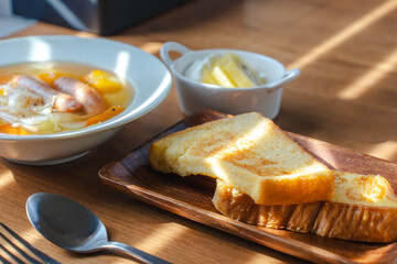 French Toast Breakfast with Sausage Soup and Yogurt Fruit /...