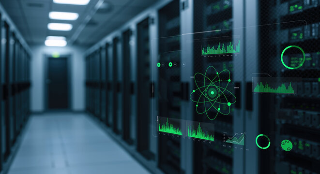 Modern data center corridor with green holographic displays showing scientific diagrams and charts. Server room with futuristic technology interface projections. Digital innovation concept