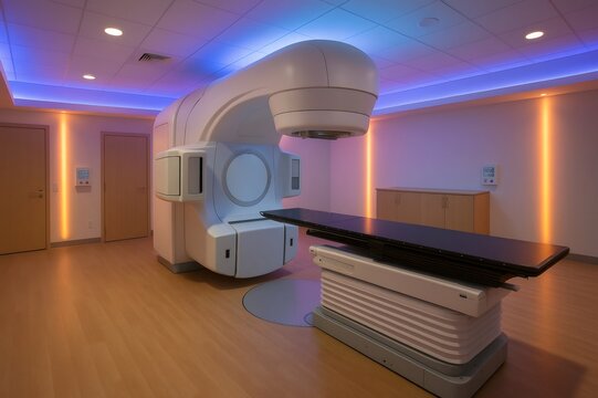 Modern radiotherapy equipment positioned in an empty hospital room, illuminated by vibrant colored lights, creating a futuristic atmosphere