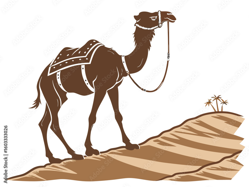 Poster illustration of a brown camel with a saddle standing on a sand dune with palm trees in the distance 