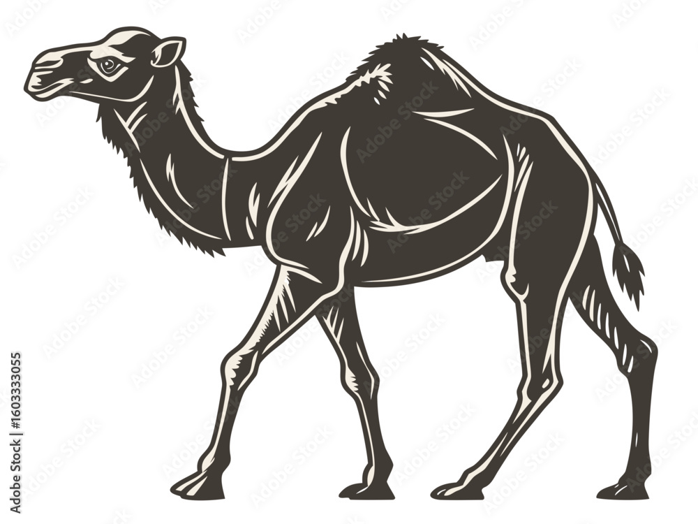 Poster illustration of a dark camel with one hump walking in a side view on a white background plain scene 