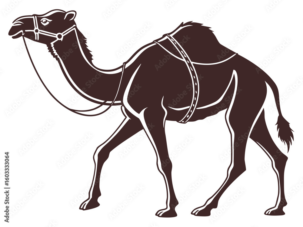 Poster illustration of a brown camel with a harness walking to the left on a white background in a vector i