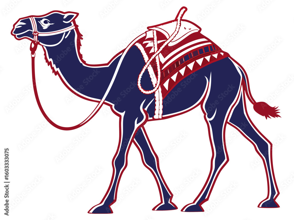 Poster illustration of a blue and red camel with a saddle and bridle standing on a white background design 