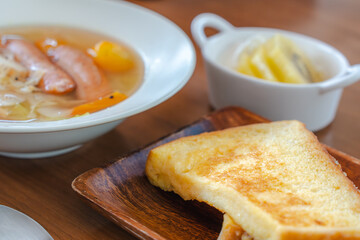 French Toast Breakfast with Sausage Soup and Yogurt Fruit /...